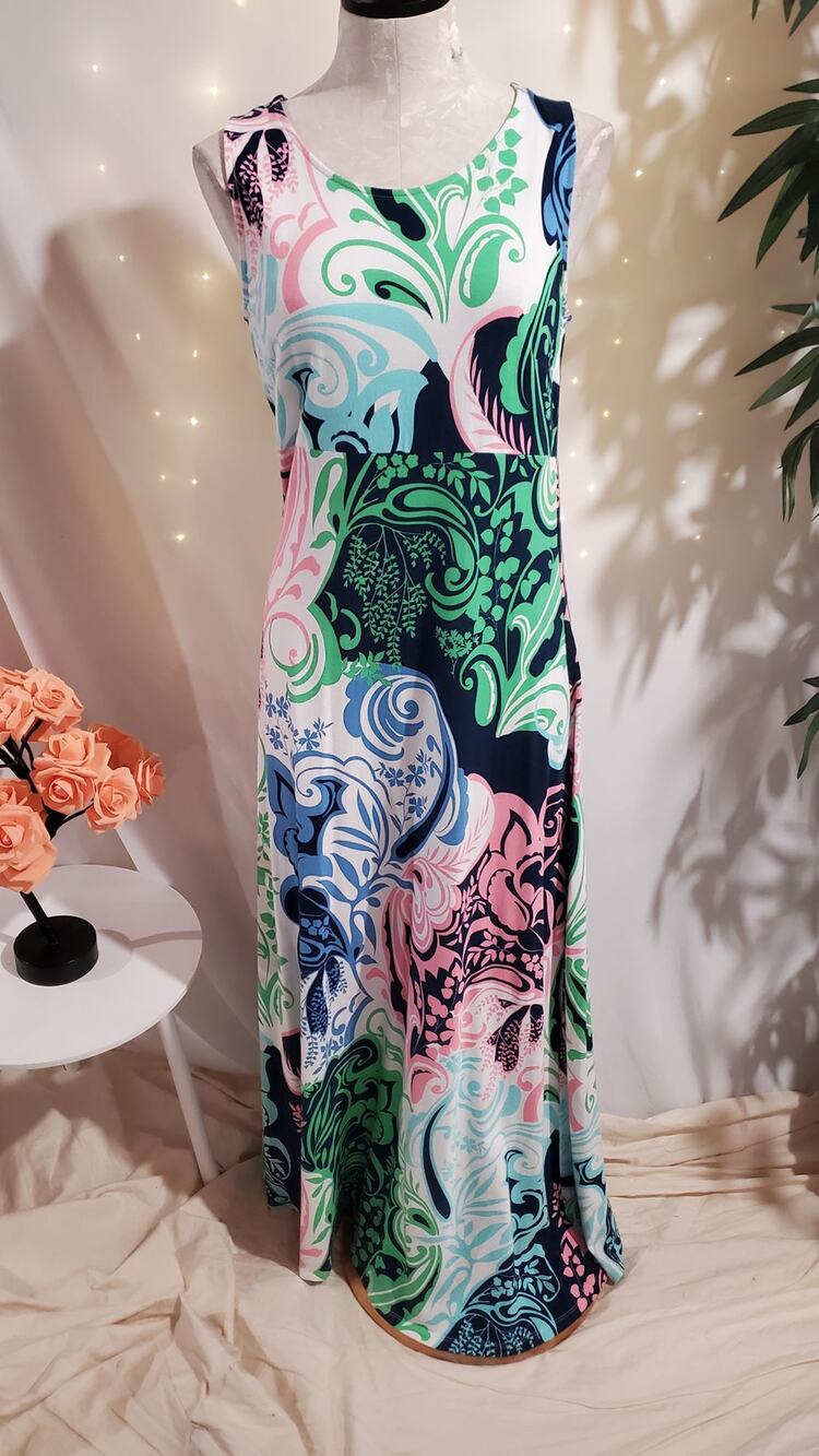 Talbots Womens Abstract Paisley Jersey Stretch Maxi Dress Size M Keyhole Back